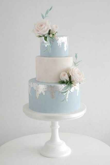winter wonderland theme wedding cake, baby blue tiers, silver foil design, white roses, three tier w