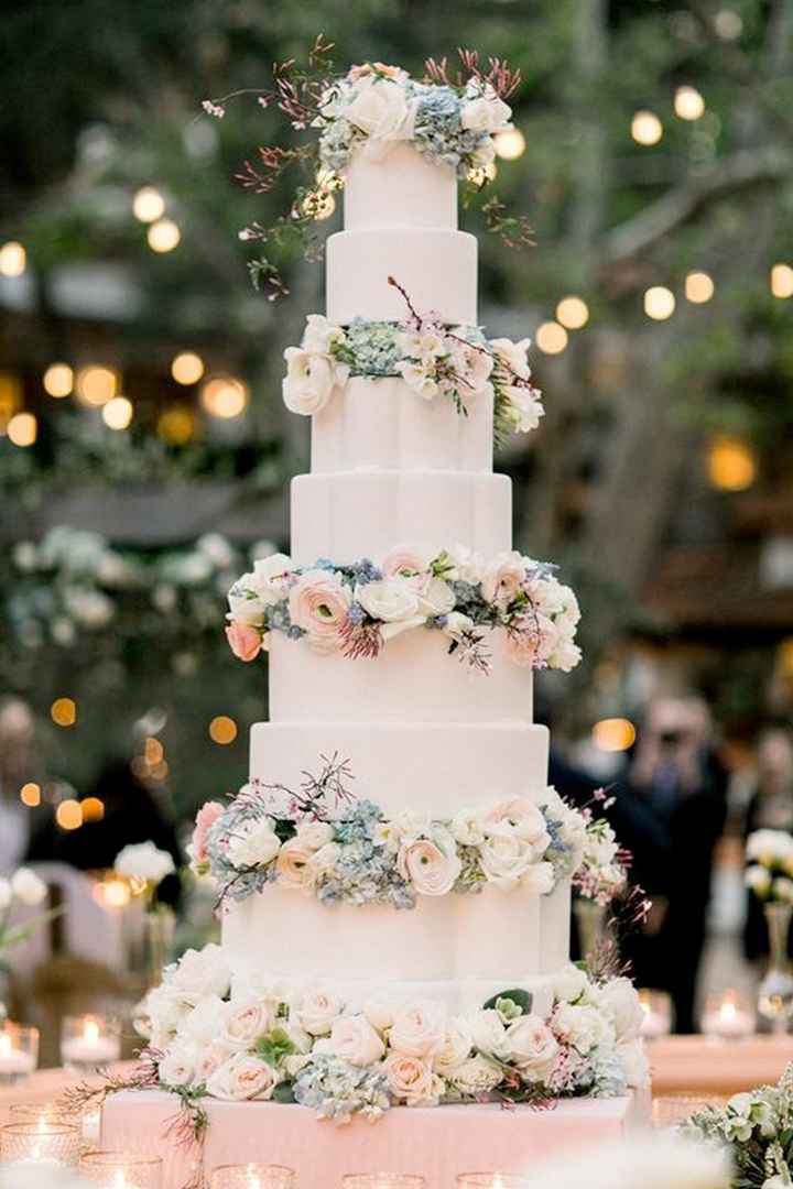 simple 7 tier wedding cake, white with blush and white Flowers