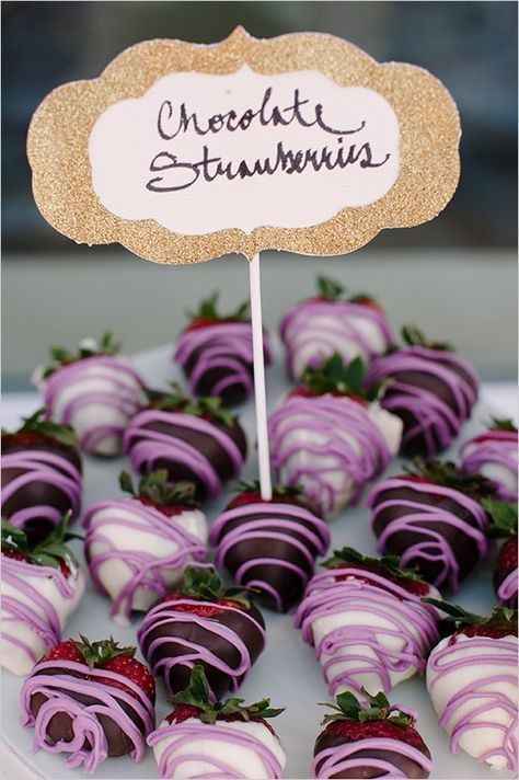 chocolate covered strawberries, pink and purple, wedding dessert