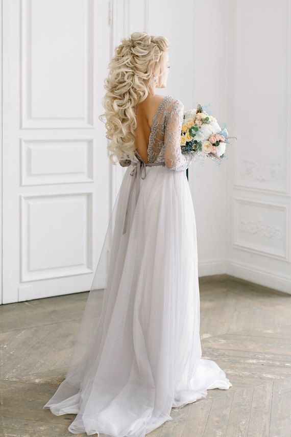 light grey wedding dress, low back with tulle skirt