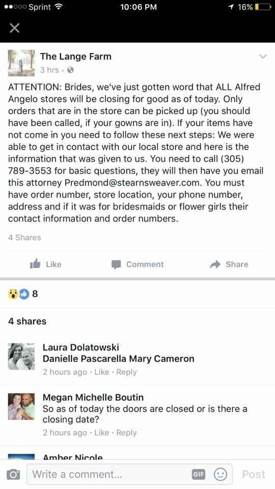 Alfred Angelo Closing? UPDATED - IT SEEMS THEY ARE CLOSING