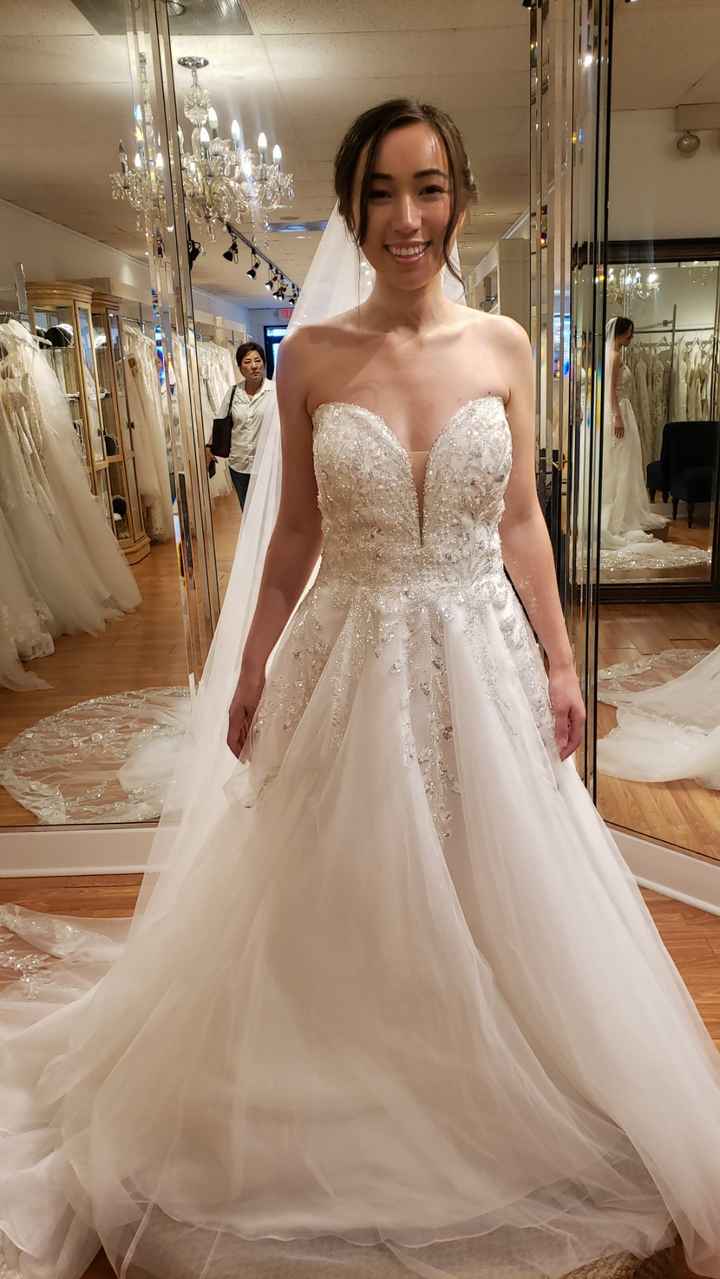 I said yes to this dress! But need help choosing color for the top - 'nude'  (shown on me + middle) vs 'light nude' (right) More info in comments. :  r/weddingdress