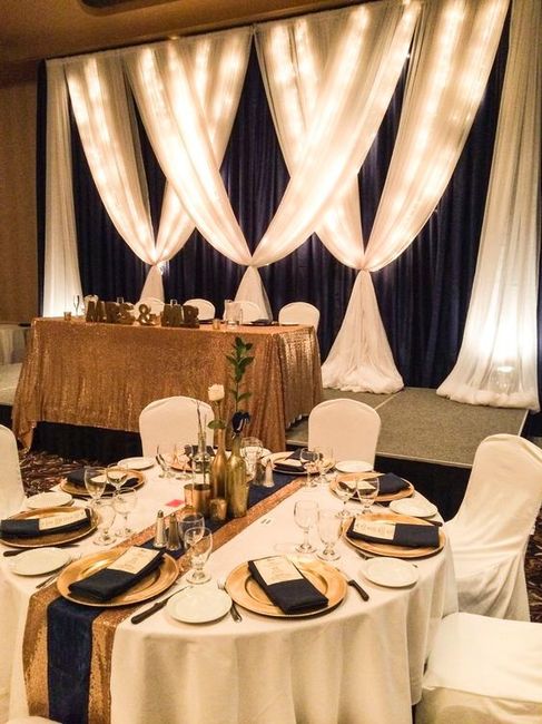 Black white and gold tables and backdrop