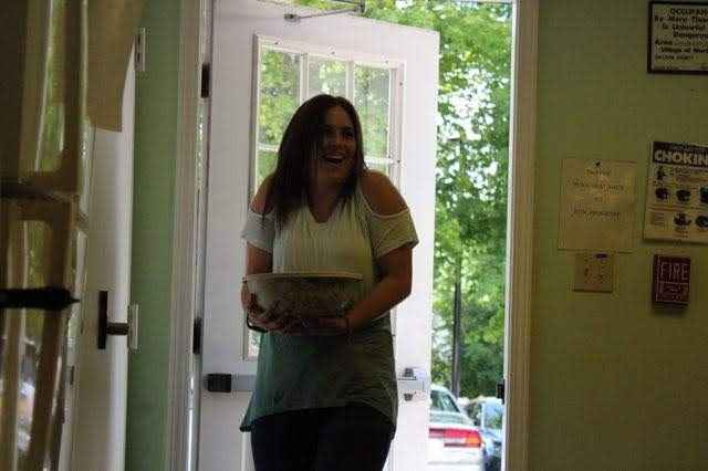 My mom sent me in with a salad cause I thought we needed to drop it off at the church before we went