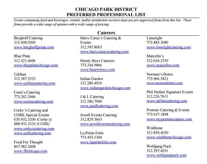 How Did You Pick Your Caterer? Chicago Park District Preferred Caterers List