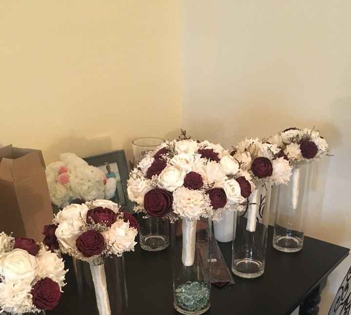 Bride and bridesmaids bouquets with satin wrapped handles