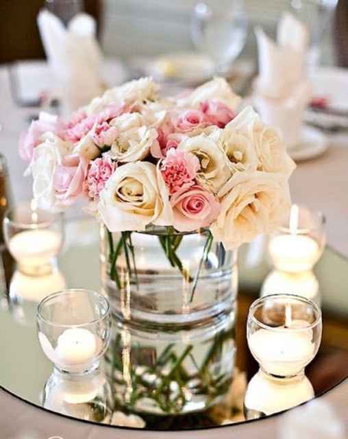 5 tables like this one with the mirror, more flowers in the vase and greenery and little gold mercur