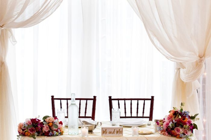 Bride, MOH and Flower girl bouquets on sweetheart table
