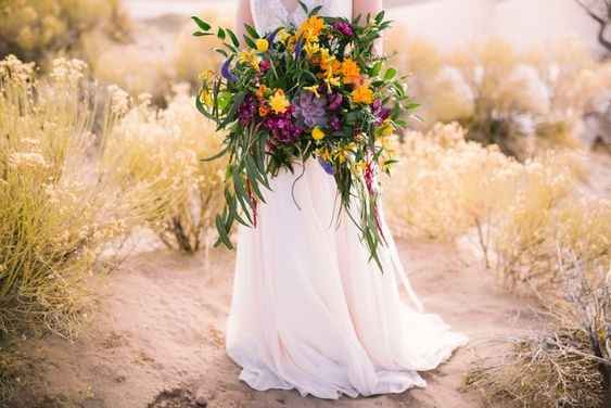 Is this too funky? I like how it incorporates the greenery, and I'd replace the purple with dark blu