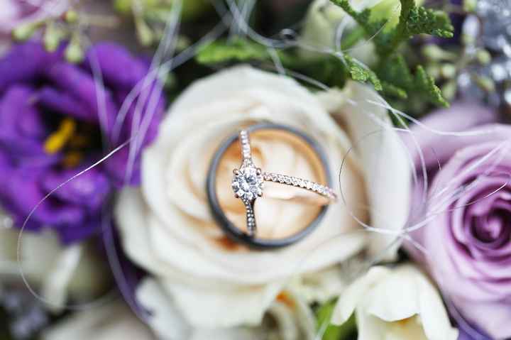 Detail shot or rings and bouquet