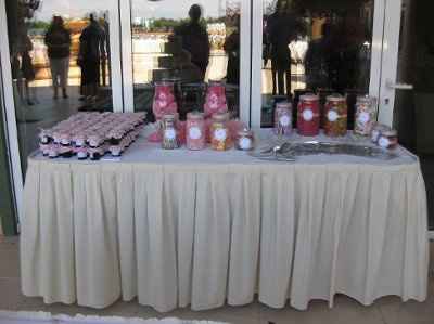 DIY Candy Buffet~Vintage Rose Pink & Aqua, lace ribbon bows and flowers with crystal centers