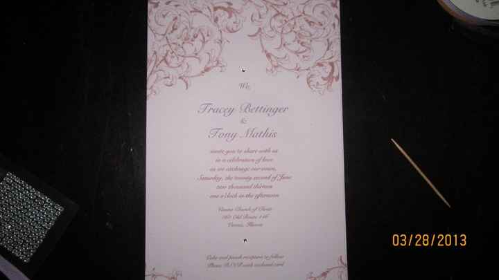 finishing touches on my invitations.  Opinions on ribbon?