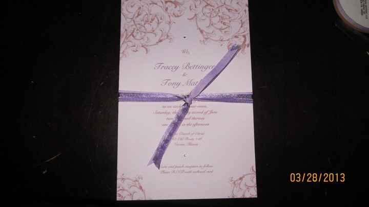 finishing touches on my invitations.  Opinions on ribbon?