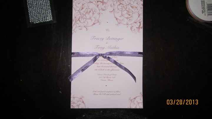 finishing touches on my invitations.  Opinions on ribbon?