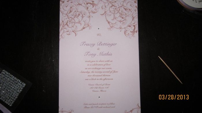 finishing touches on my invitations.  Opinions on ribbon?