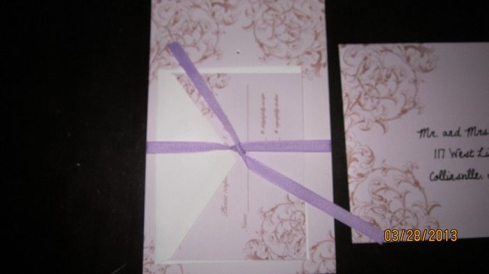 finishing touches on my invitations.  Opinions on ribbon?