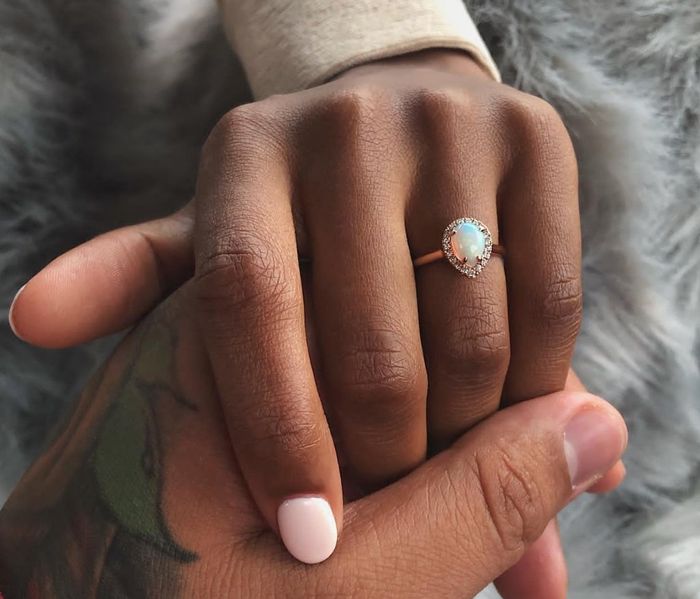 Inspo #2 Engagement ring looks to be a Opal and Diamond pear-cut rose gold ring) **not the owner of 