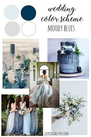 Moody grays/blues (add gold touches: bouquet ribbon, flatware)