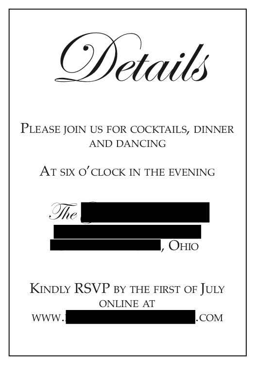 Reception info on separate card
