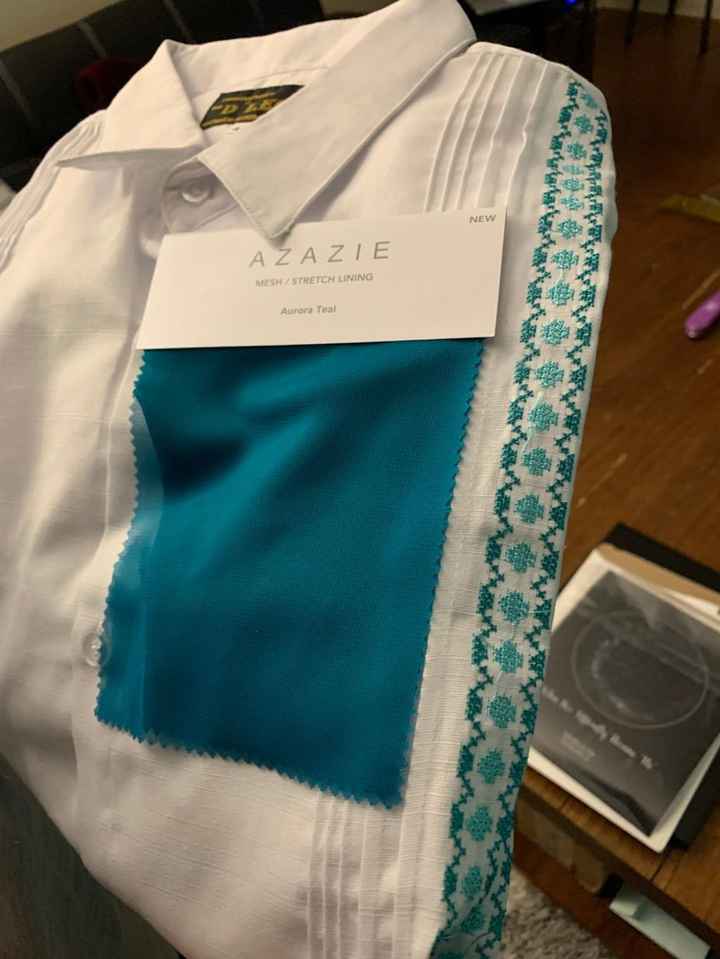 Swatch of bridesmaid dress and the shirt (guayabera) for the groomsmen