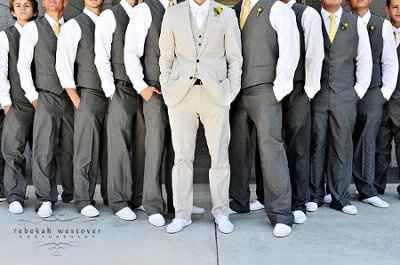 FH is wearing a Grey tux