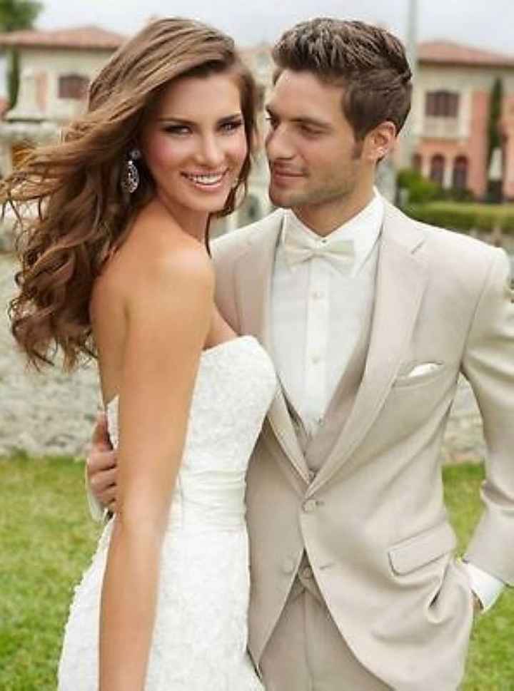 Biege suit with white wedding dress