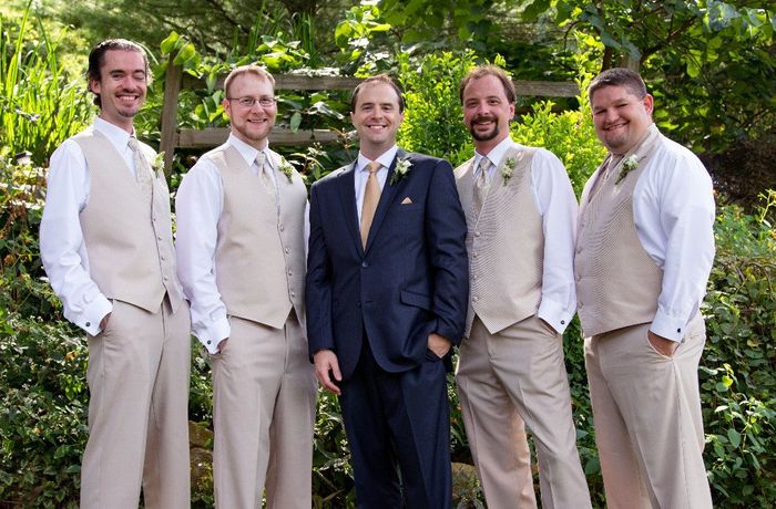 Fiance wants to wear suit for wedding/tux for reception two different colors 1