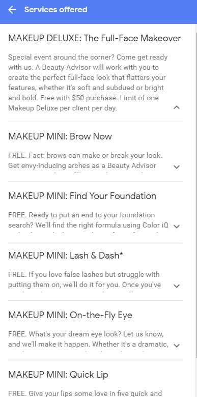 Sephora services listed on google. 