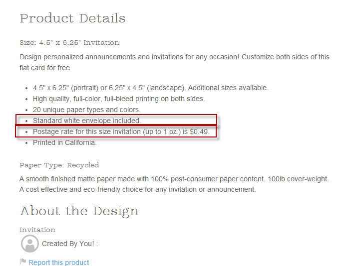 Standard Zazzle envelopes w/invitations tackily note: "additional postage required" :-/
