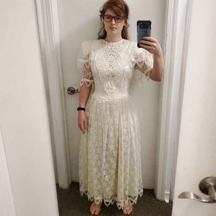 Wearing my mom's wedding outlet dress