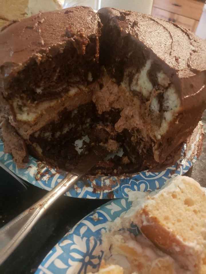 Swirl cake with Mocha mousse spilling out everywhere