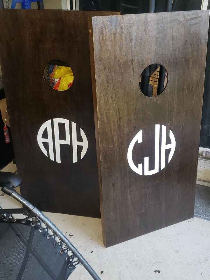 Our cornhole boards- I added lighting to the boards so we can play at night
