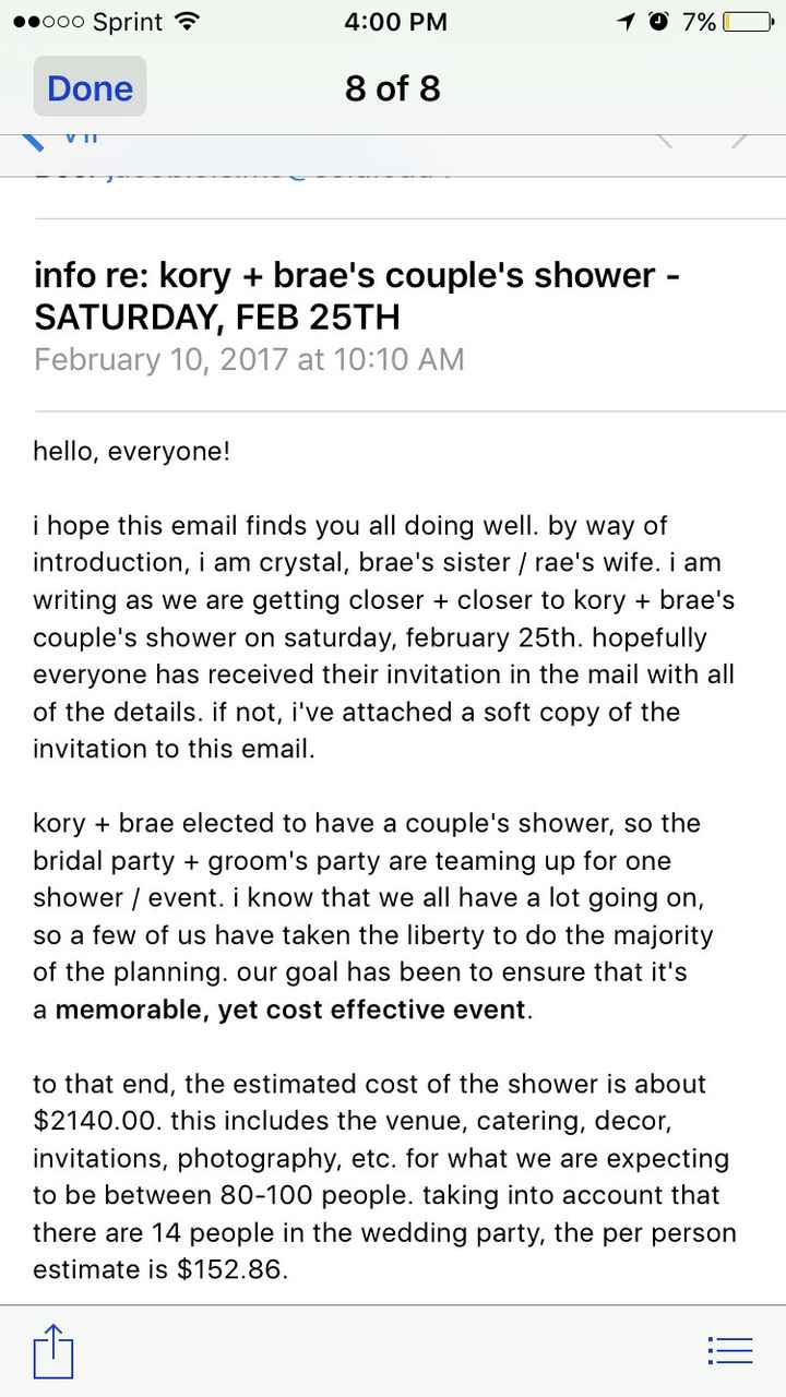 Coed bridal shower payment