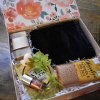 A black velvet robe, fancy bar soap and bath salts, copper nail polish and a chocolate bar