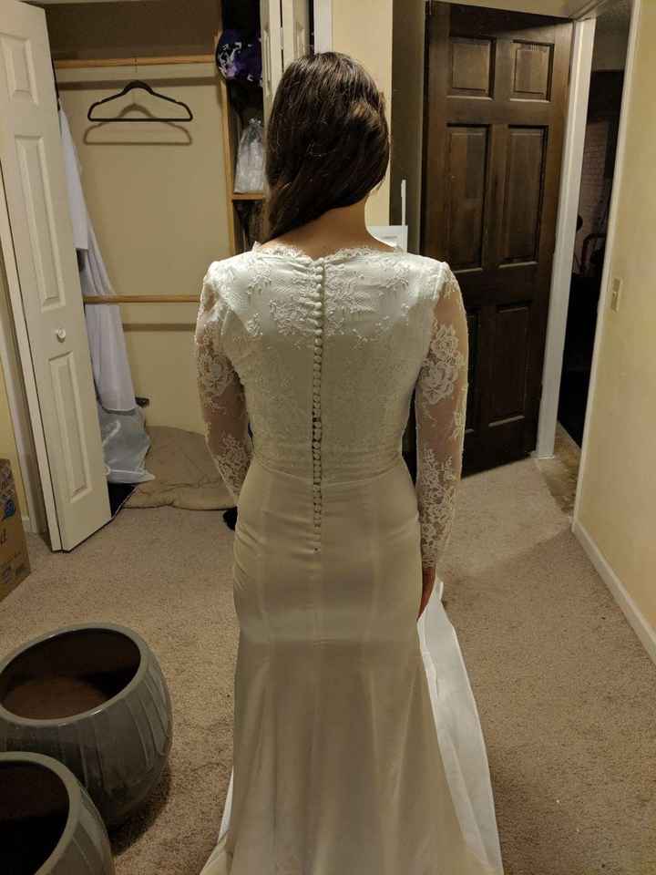 Back of dress (see how shoulders are tight and mid-back buttons have to stretch)