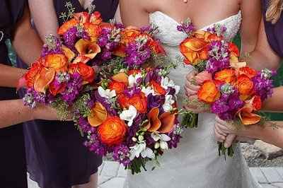Do purple flowers and orange flowers go with gray dresses?