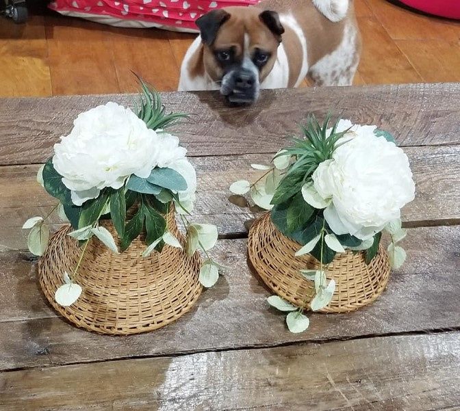 My MIL's friend gave me vintage woven wedding bells, I added some floral and greens and need to find