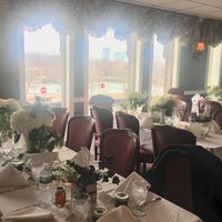 Tables and rapids in the background of our venue 
