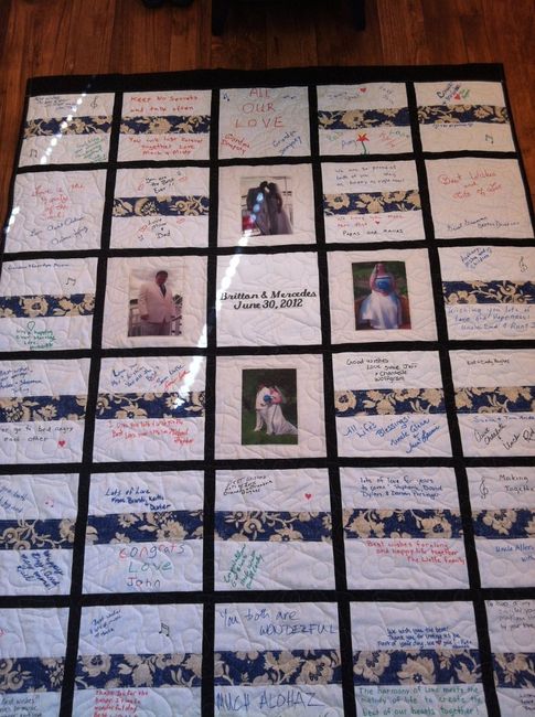 post-wedding chop (before and after pic)!        (and a picture of my guest book quilt)