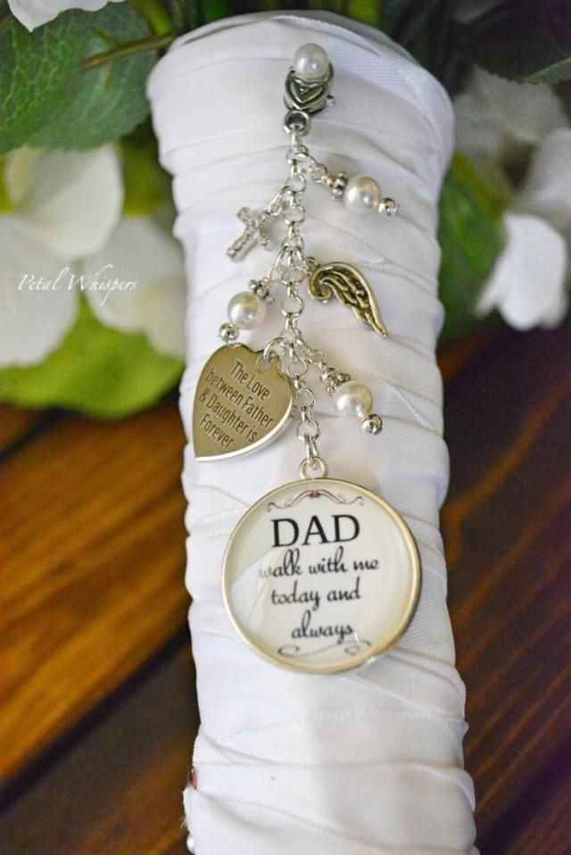 Bridal Bouquet Charm Dad Beside Me White Wedding Father Memorial Photo Jewelry