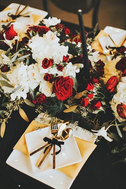 Winter Wedding Tablescape Decor - Black White Gold and Red