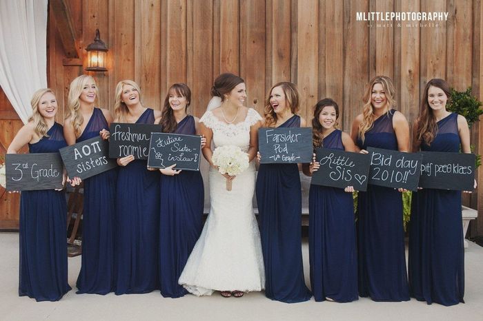 Bridesmaids with 'how we met' signs