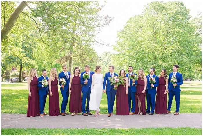 What color groom and groomsmen suits will coordinate with the bridesmaids dresses? 5