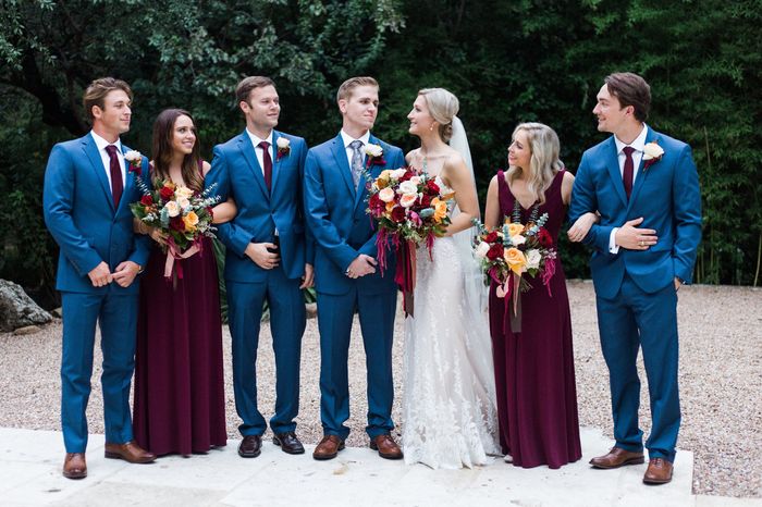 What color groom and groomsmen suits will coordinate with the bridesmaids dresses? 6