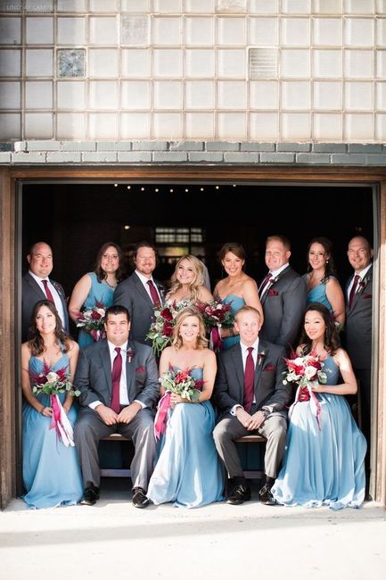 What color groom and groomsmen suits will coordinate with the bridesmaids dresses? 8