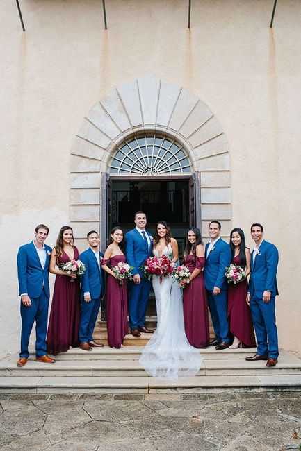 What color groom and groomsmen suits will coordinate with the bridesmaids dresses? 9