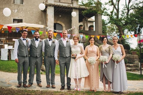 Tea Length Wedding Dress with Floor Length Bridesmaid Dresses - 2
