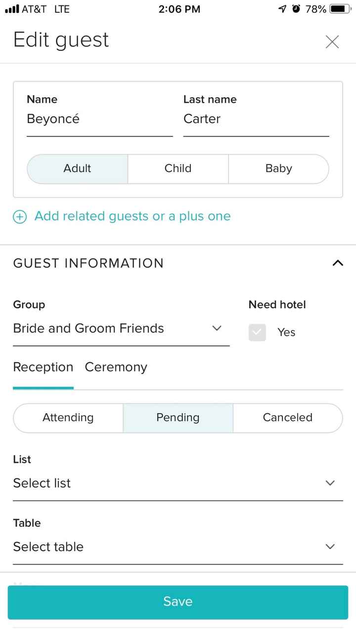 WeddingWire App - Guest List: Change RSVP Status