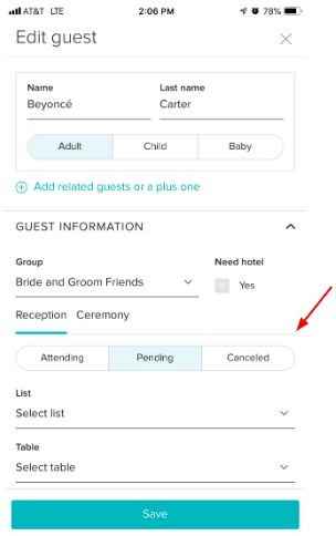 Change Guest RSVP Status - WeddingWire Guest List (iOS App)