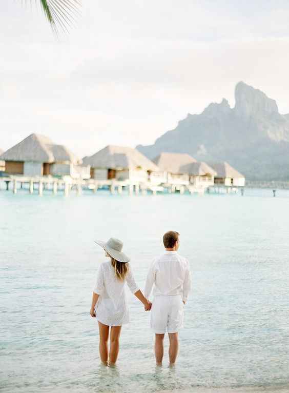 Bora Bora Honeymoon - Overwater Bungalows, Couple in White